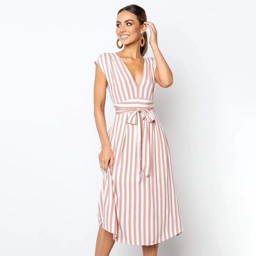 Летнее женское сексуальное платье Повседневное в полоску без рукавов