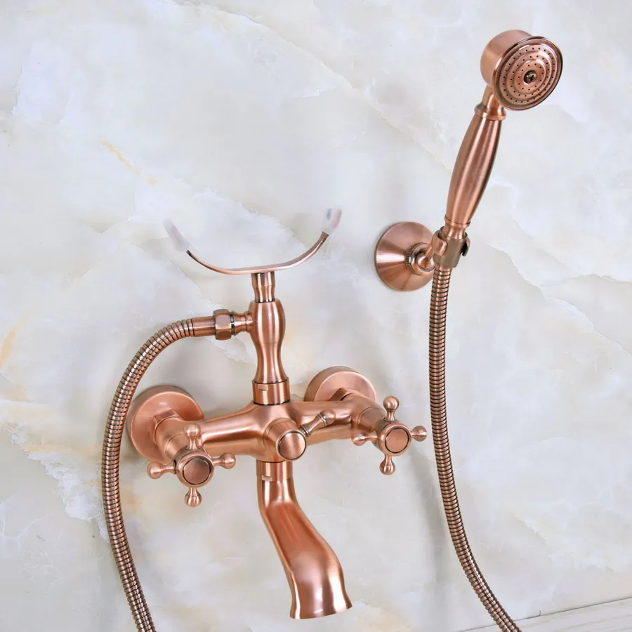 

Antique Red Copper Brass Double Cross Handles Wall Mounted Bathroom Clawfoot Bathtub Tub Faucet Mixer Tap w/Hand Shower ana360