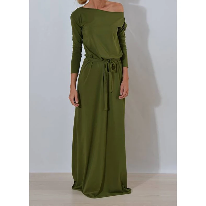 Army Green Осеннее женское длинное платье макси с вырезом лодочкой и поясом, зимние платья, повседневное однотонное платье с длинным рукавом, Повседневное платье размера плюс GV028 - Цвет: Army Green