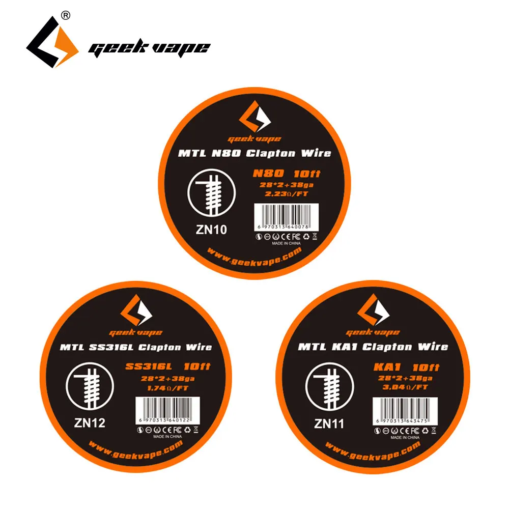Оригинальный GeekVape MTL Clapton провод 10 футов поставляется с 3 материалами N80 KA1 и SS316L Vape