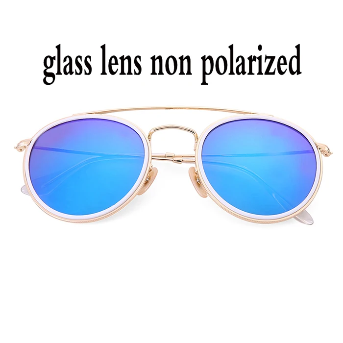 blue glass Винтажные Круглые Солнцезащитные очки с двойным мостом для мужчин и женщин 51 мм, очки с зеркальными или пластиковыми линзами, поляризационные, фирменный стиль, UV400 - Цвет линз: blue glass