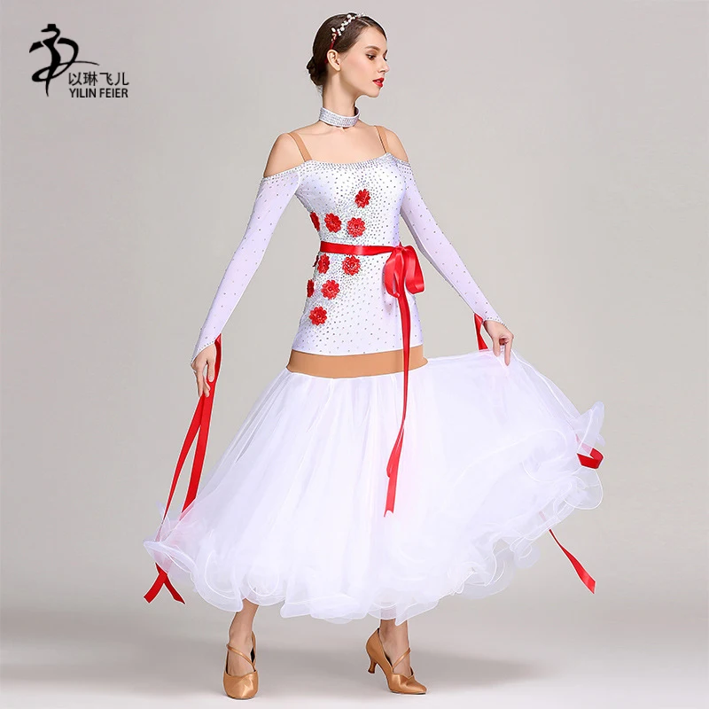 White Rhinestones Ballroom Dance Competition Dress Standard Modern Costume Waltz Luminous | Тематическая одежда и униформа