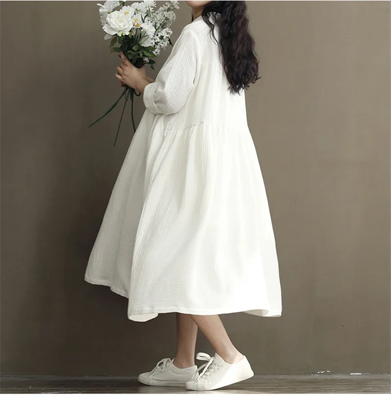 Платье женское с длинным рукавом в полоску большого размера из льна и хлопка|clothing