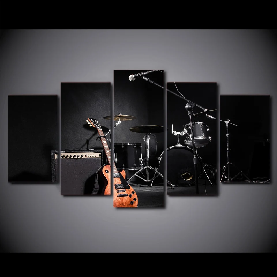 

Canvas Wall Art Pictures Framework Home Decoration Poster 5 Pieces Music Guitar Drum Instruments HD Printed Living Room Painting