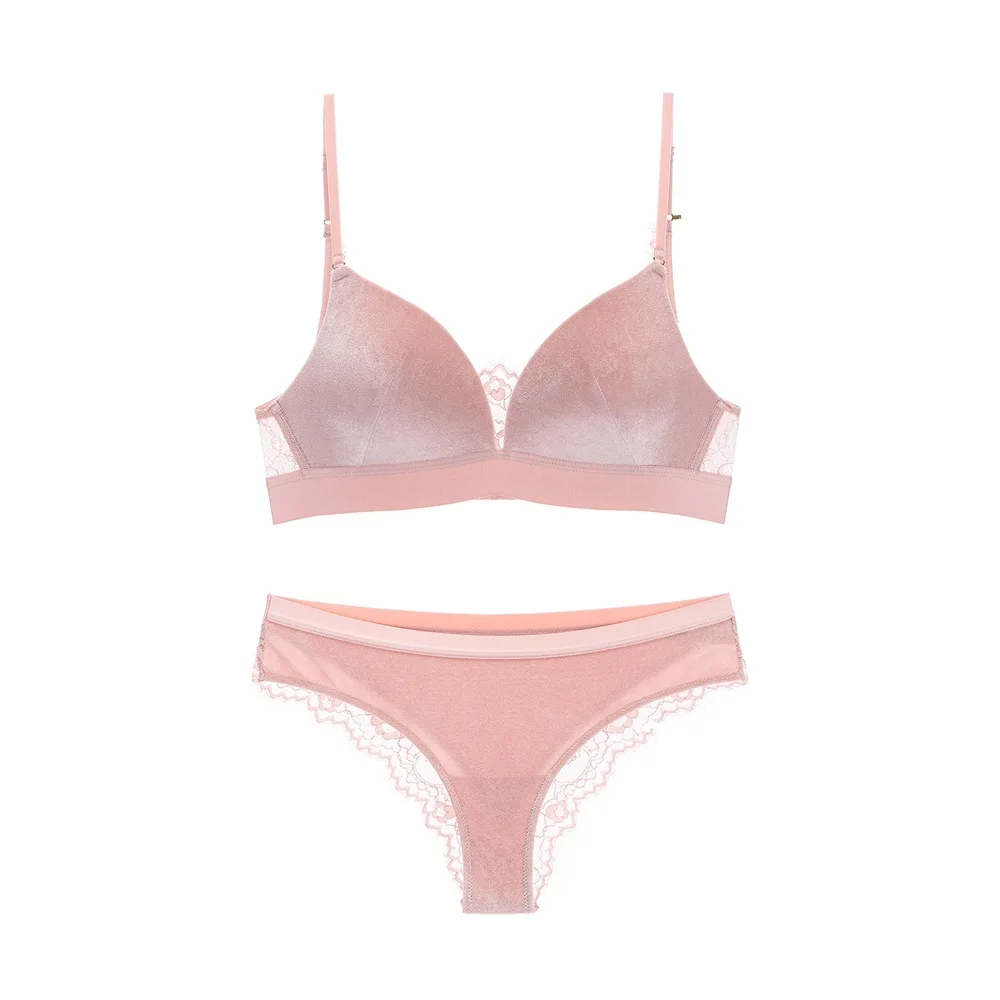 Одноцветное Bralette бархат кружевной бюстгальтер трусы комплекты Push Up Белье Для
