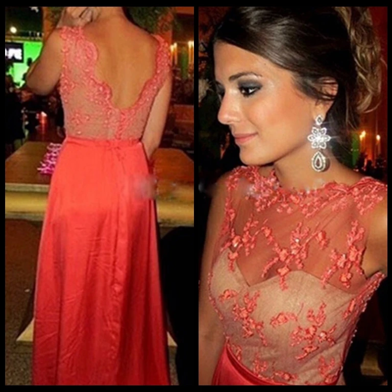 Vestido De Festa Коралловое иллюзионное декольте кружевной лиф шифоновое