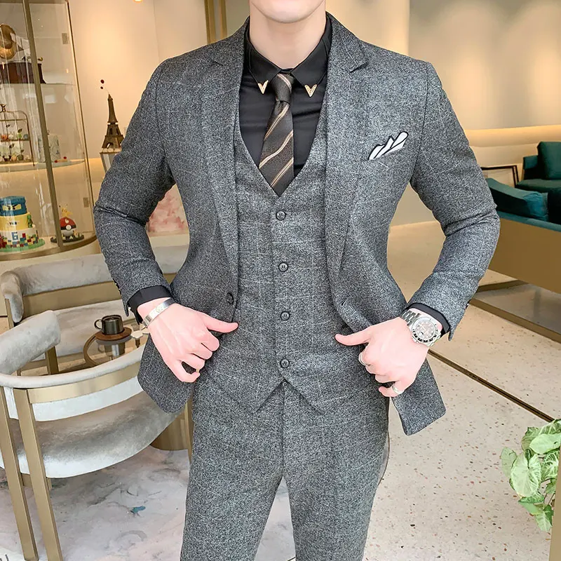 

Plaid Suit Men Blue Business Wedding Slim Fit Mens Suits Casual 3 Pieces Plus Size 5XL Suit Blazers Pants Terno Masculino