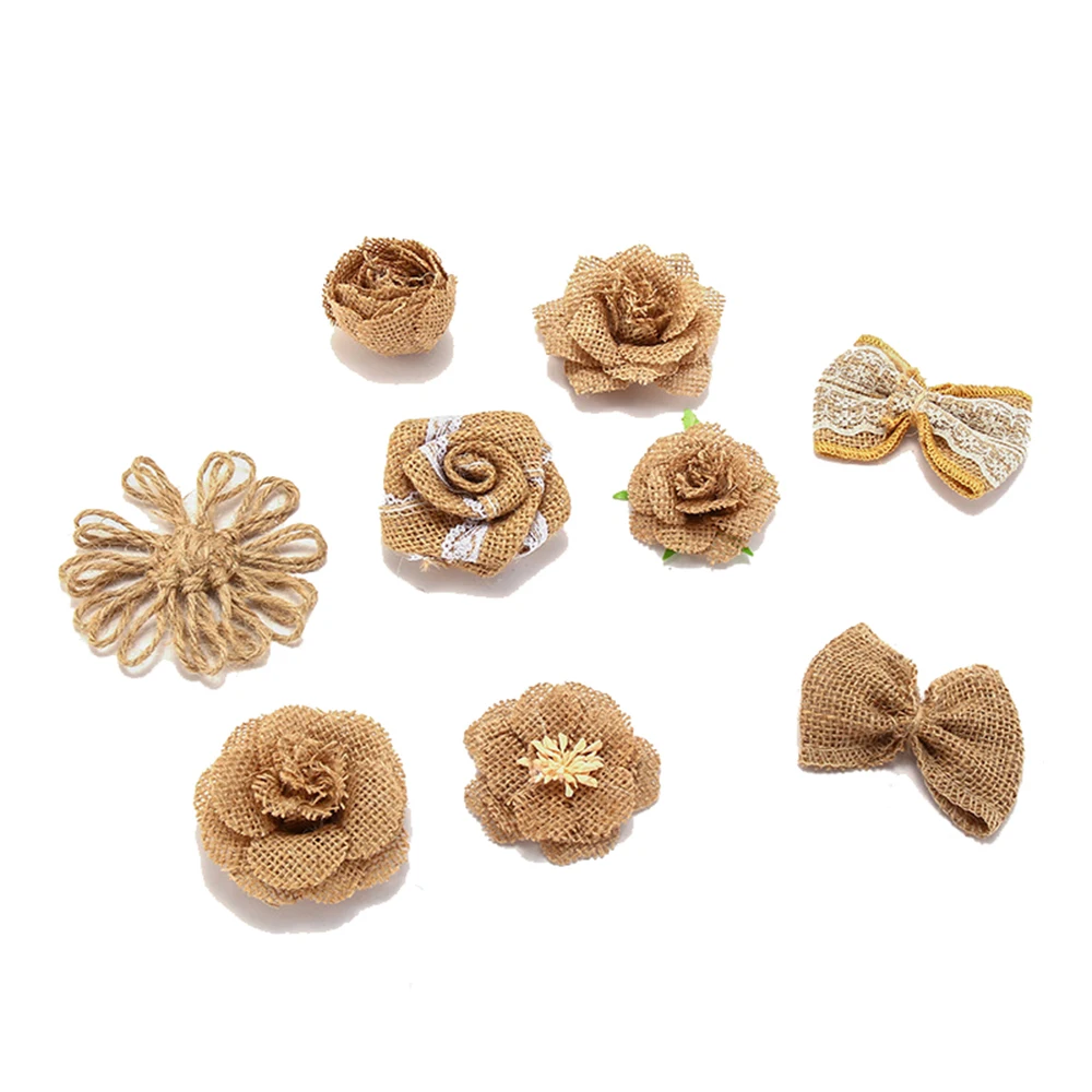 Wedding Party Decoration Craft Delicate Vintage Hessian Jute Hat Rose Beauty Flower 9 pcs Burlap DIY |