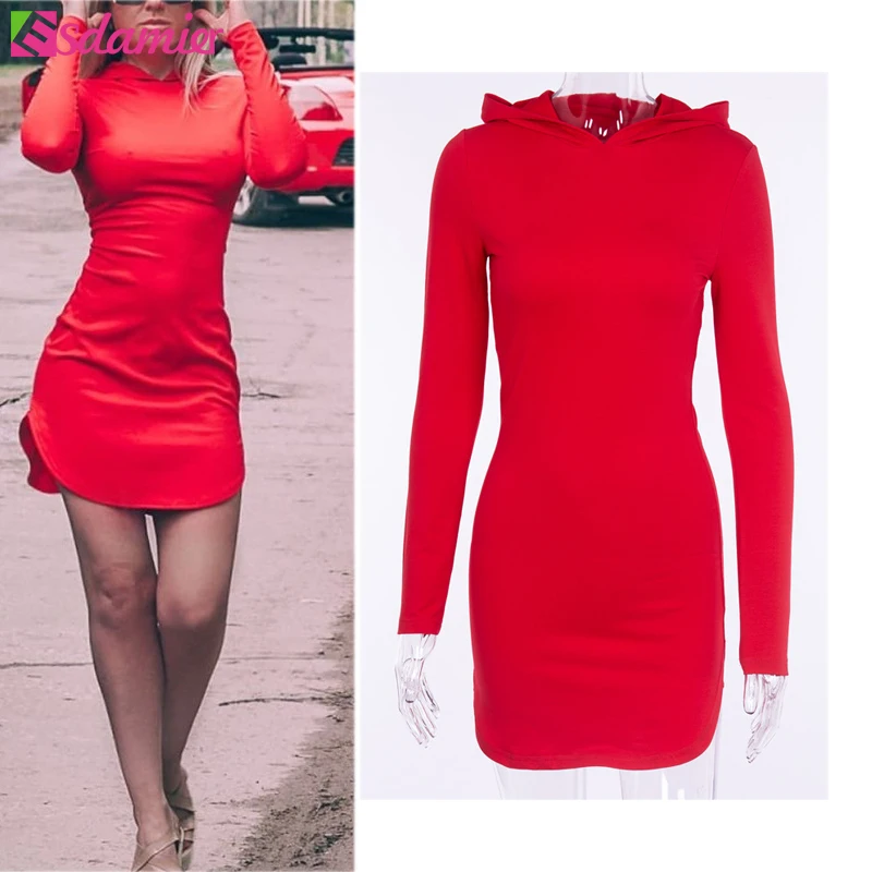 ESDAMIER осеннее женское сексуальное платье с капюшоном однотонное облегающее