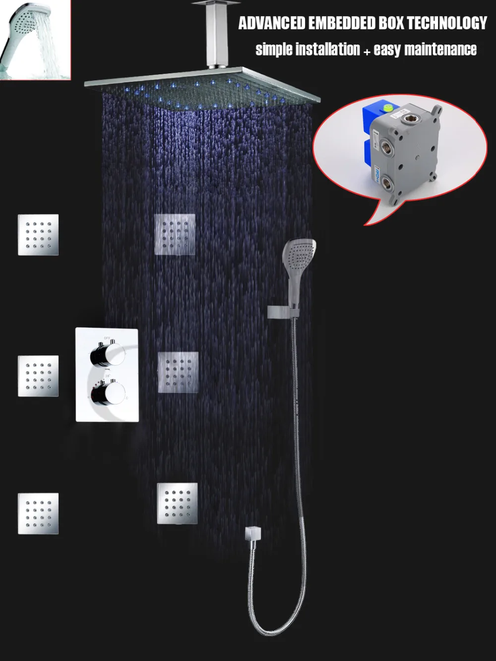 Спа Термостатический смеситель для душа ванны с 16 дюймовым светодиодным