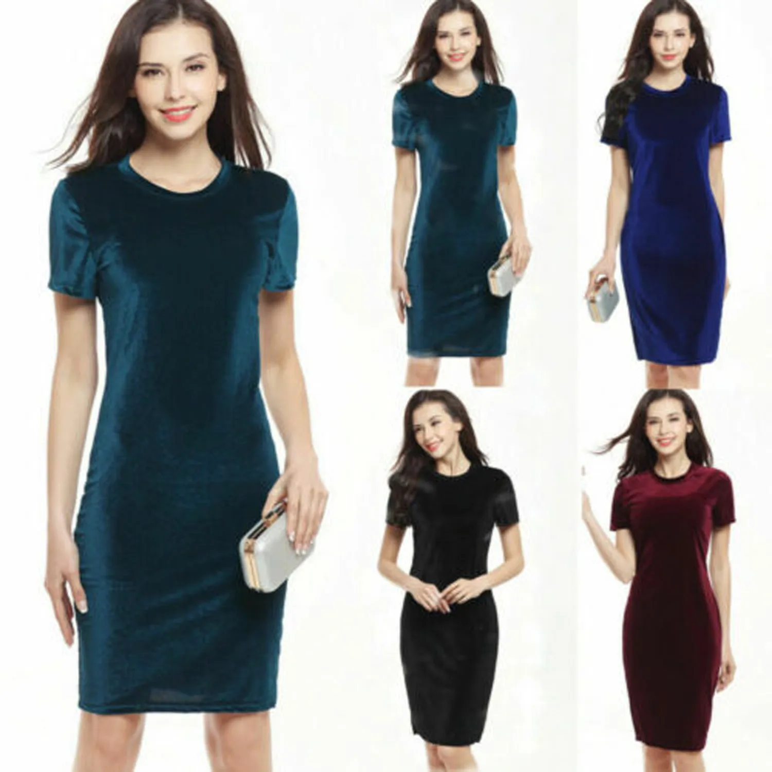 

Women's Velvet Solid Color Round Neck Stretchy Short Sleeves Straight Dress