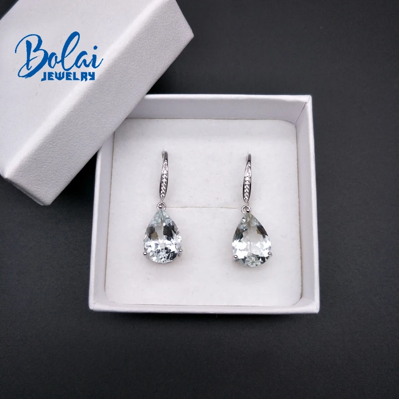 Bolaijewelry, серьги с застежкой из белого аквамарина, натуральный драгоценный камень, классический стиль, Настоящее серебро 925 пробы, хорошее ювелирное изделие для женщин, повседневная одежда