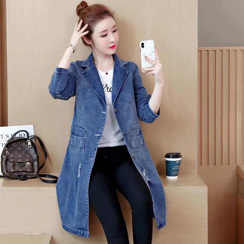 

New Spring Autumn Women Coat Plus Size Fashion Causal Loose Solid Hole Pocket Jeans Trench Coat For Women Larger Denim Outerwear
