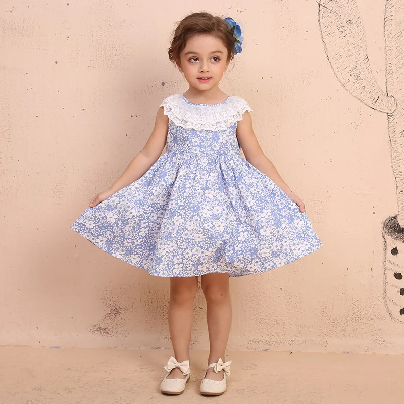 Cindy&ampNancy New Summer Girls Cute Pink Blue Floral Printed Lace O-neck Sleeveless 1-6yrs Cotton Woven Princess Casual Dresses | Детская