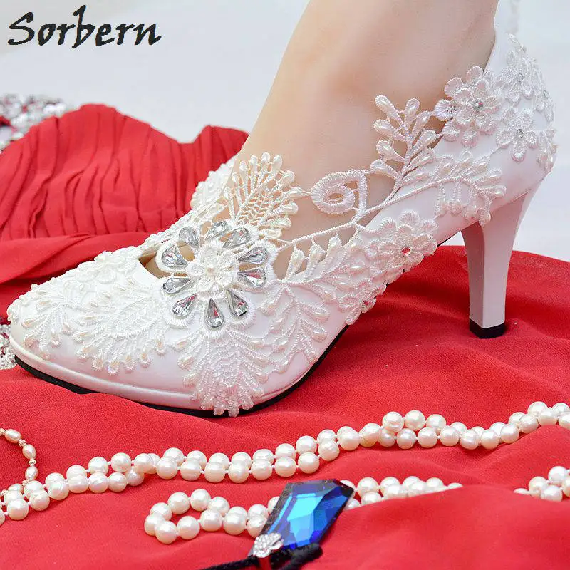 

Sorbern White Hollow Out Lace Beading Dress Shoes Pointed Toe Ladies Shoes Size 37 8cm Heels Pump Heels Women Wedding Pumps