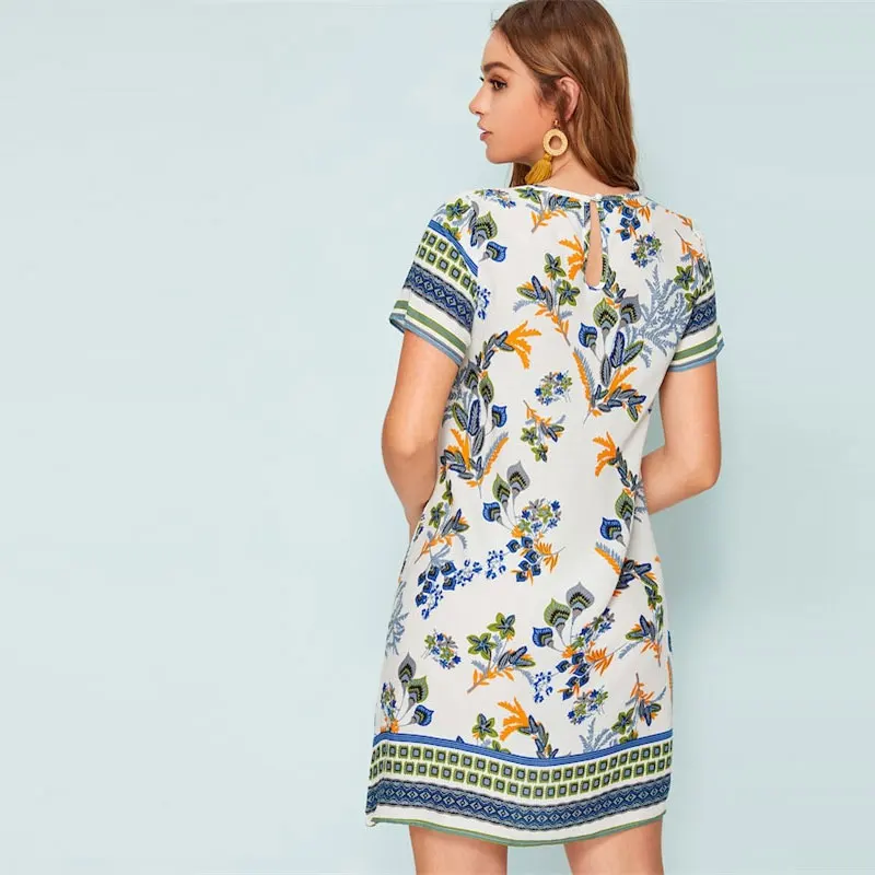 SHEIN летнее женское платье-туника с разноцветным принтом и замочной скважиной на спине,, короткий рукав, круглый вырез, бохо платье, прямое свободное мини-платье