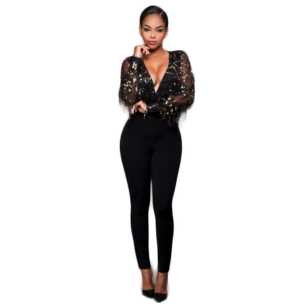 Hasniy v neck sexy sequined jumpsuits rompers women vintage mesh transparent playsuits female casual skinny mujer | Женская одежда