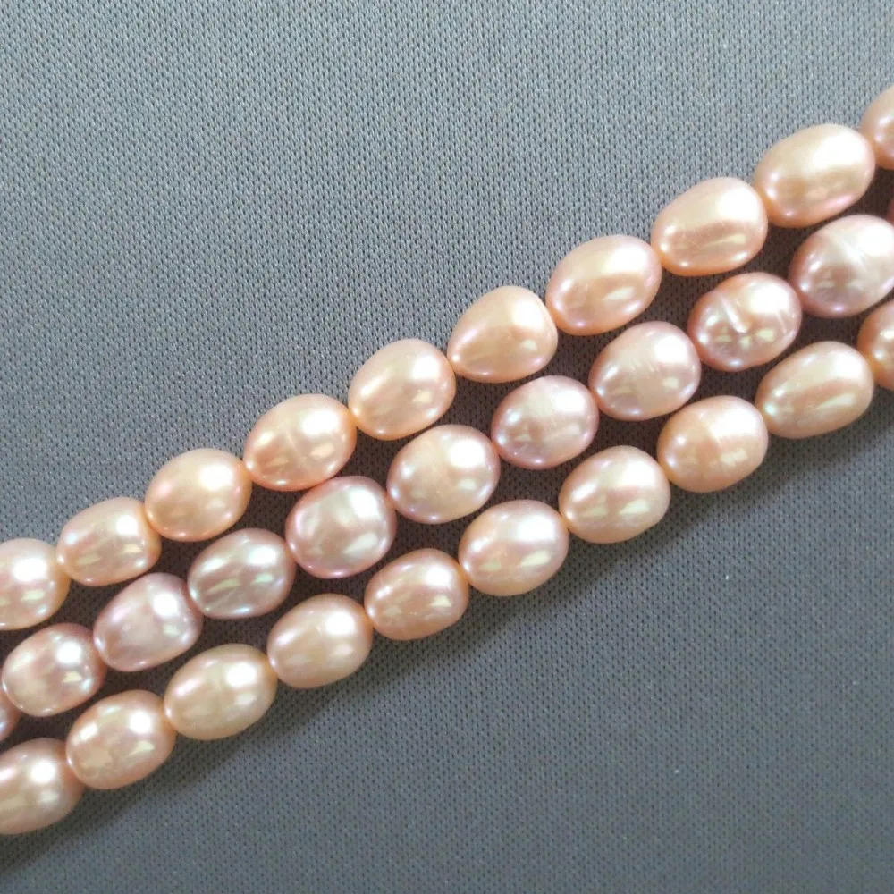 

huij 3row Lustrous 9-11mm Peach Pink Rice Freshwater Pearl Beads necklace 17-19