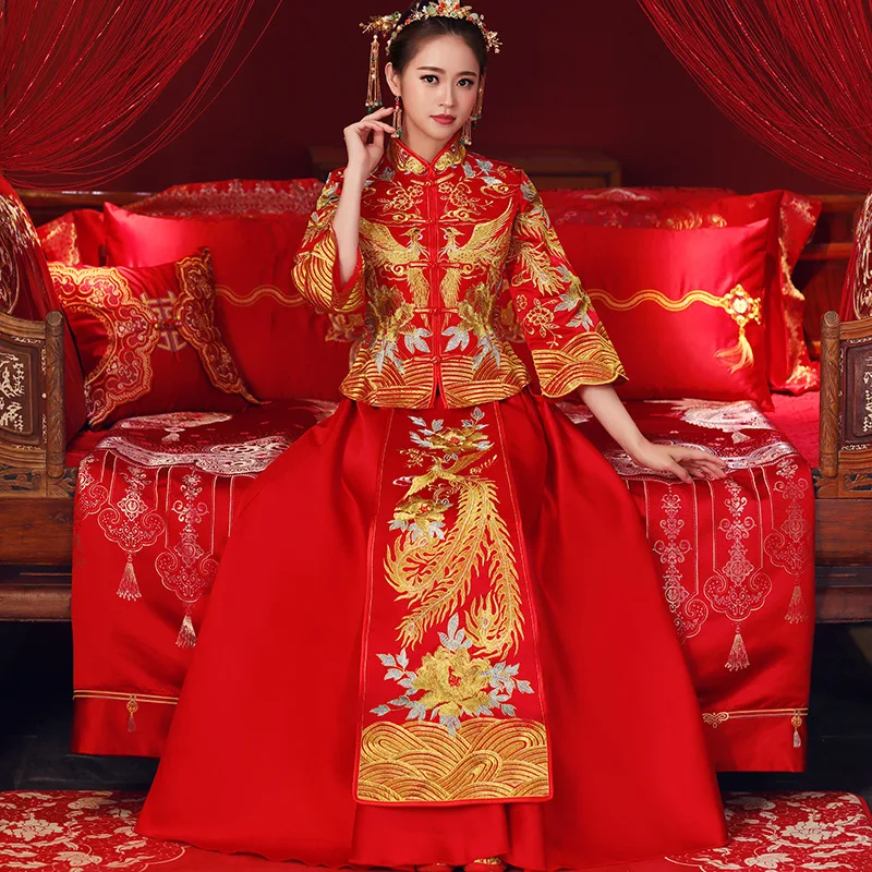 Винтажное красное свадебное платье Cheongsam с вышивкой в традиционном китайском