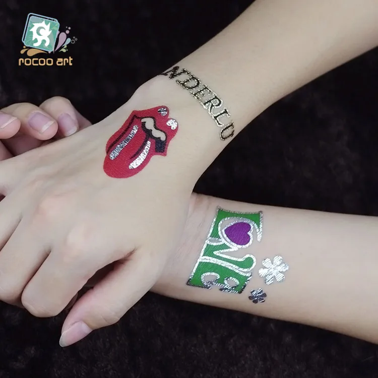 

Unique European Style Taty Tattoo Glitter Body Art Golden Temporary Tattoo Metallic Tongue Flower Bracelet Tatoo Designs