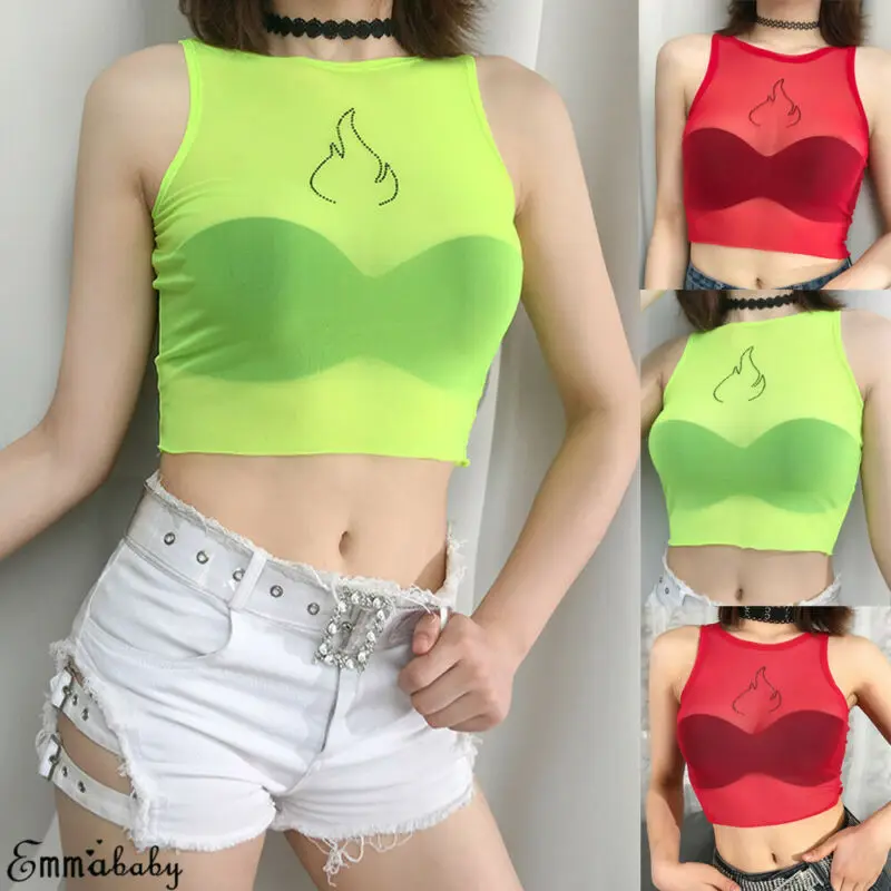 Сексуальный женский прозрачный сетчатый кроп топ без рукавов футболка майка