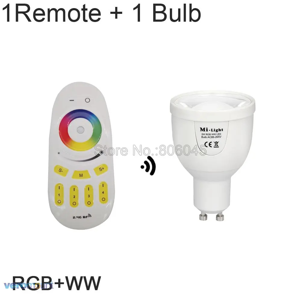 1Remote 1Bulb WW AC86-260V 2,4G GU10 5W RGBCW или RGBWW WiFi Светодиодный точечный светильник Milight FUT018 2,4G беспроводной пульт дистанционного управления/управление через WiFi - Испускаемый цвет: 1Remote 1Bulb WW