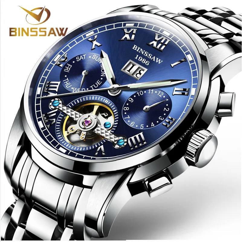 BINSSAW Tourbillon Мужские автоматические часы Топ бренд механические нержавеющая сталь