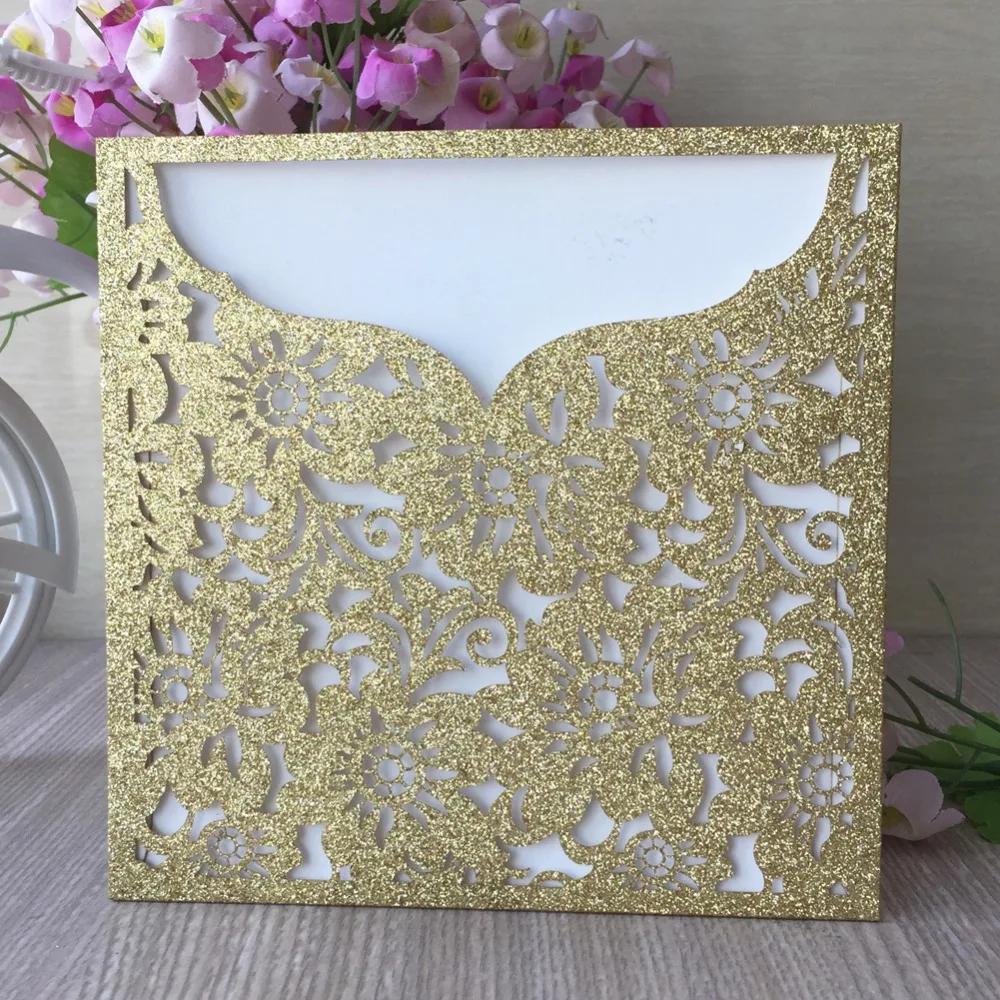 

40pcs Laser Cut glitter Rose gold Silver Luxury Gold Pocket Flower wedding decoration invitaitons cards Blessing greeting card