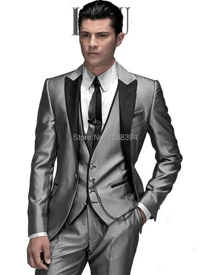 

2017 Custom Made Shinny Silver Grey Mens Suits Peaked Lapel Men Wedding Suits Groom Tuxedos For Men (Jacket+Pants+Vest+Tie)