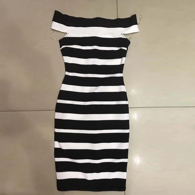 

2019 Newest Black Summer Dress Off The Shoulder Long Sleeve Bodycon Striped Dress Women Midi Dress Party Dress Vestido Wholesale