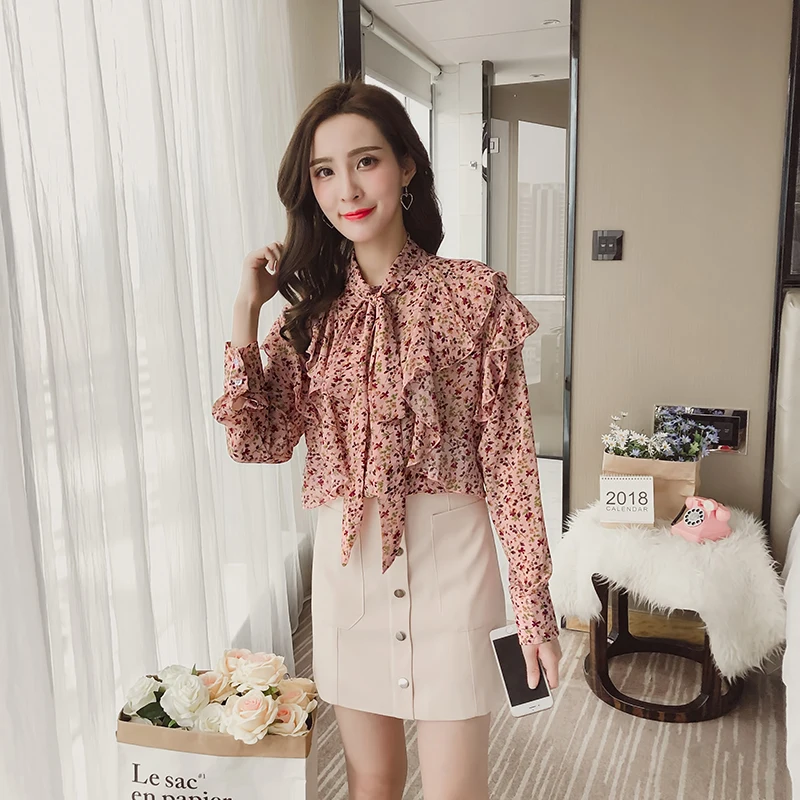 blusas mujer de moda 2019 womens tops and blouses Bow Floral Ruffled chiffon blouse harajuku shirt women 1942 50 | Женская одежда