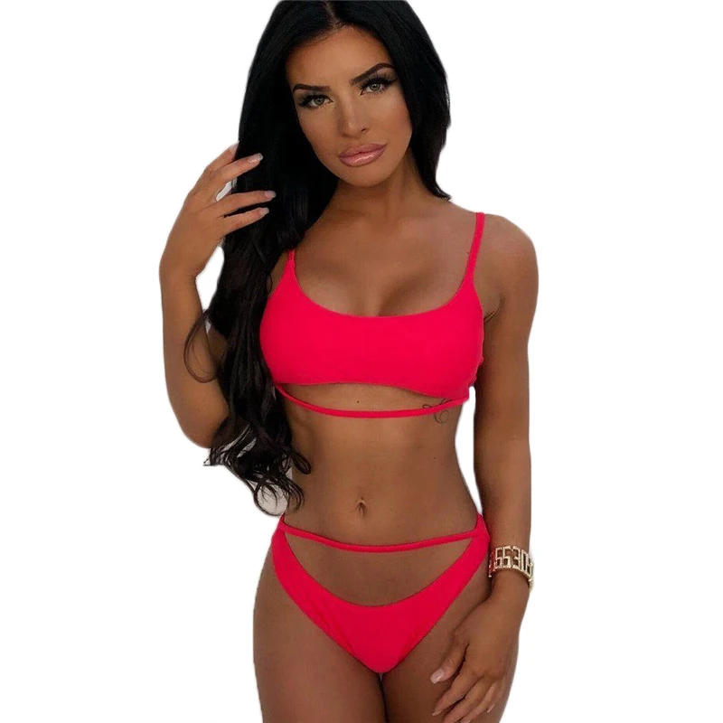 Женский комплект бикини с пуш апом biquinis однотонные купальники низкой талией
