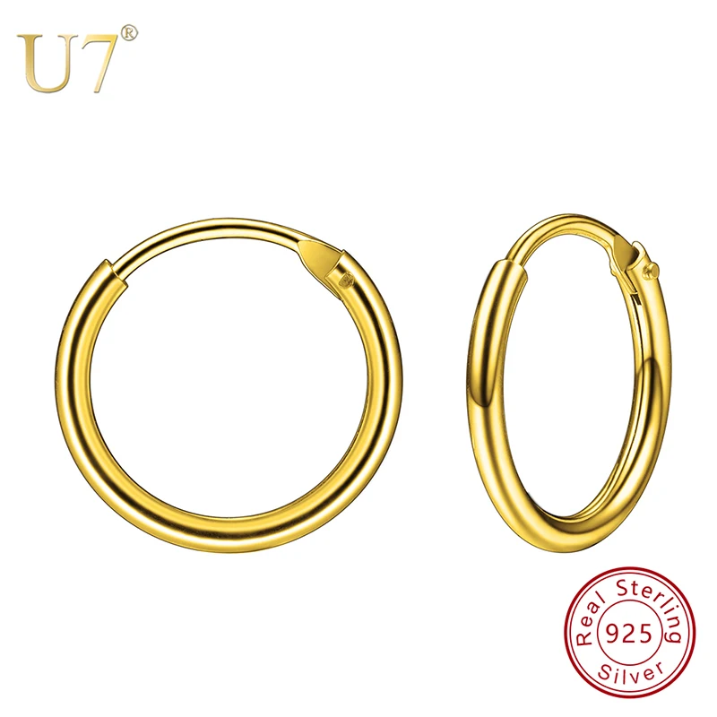 

U7 925 Sterling Silver Earrings Round Design Hoop Gold Color Mother's Day Gift New Girl/Women Jewelry SC60