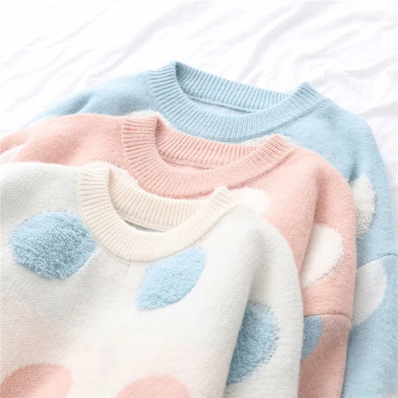 LUNDUNSHIJIA High Quality Towel Embroidered Circle Dots Sweaters Women 2018 Winter Loose Pullovers Knitted Female Sweater | Женская