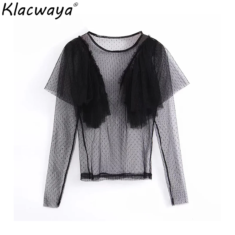 Женская Черная прозрачная блузка из органзы летняя пляжная Модная элегантная