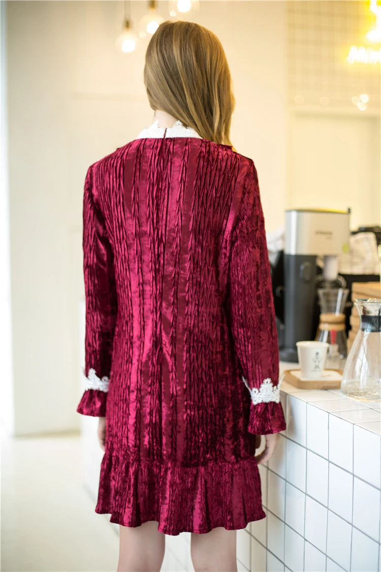 2017 Runway осень вино бархатные женские рукав фонарик кружева лоскутное high end