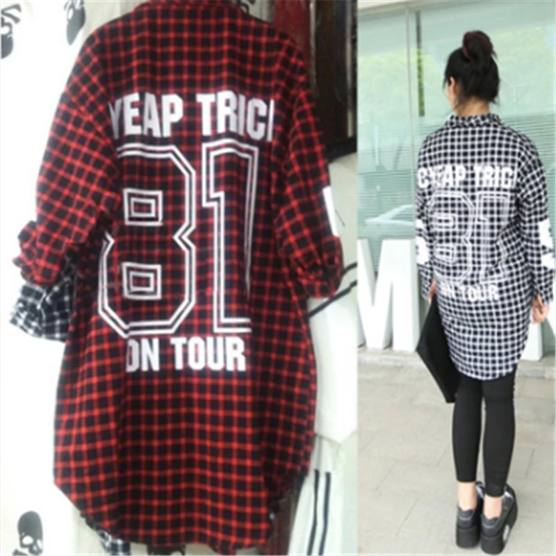 

Nice New Red Women Boyfriend BF Style Monogrammed Plaid Long Sleeves Long Oversized Loose Shirt W/ Back Letter And Numbers A141