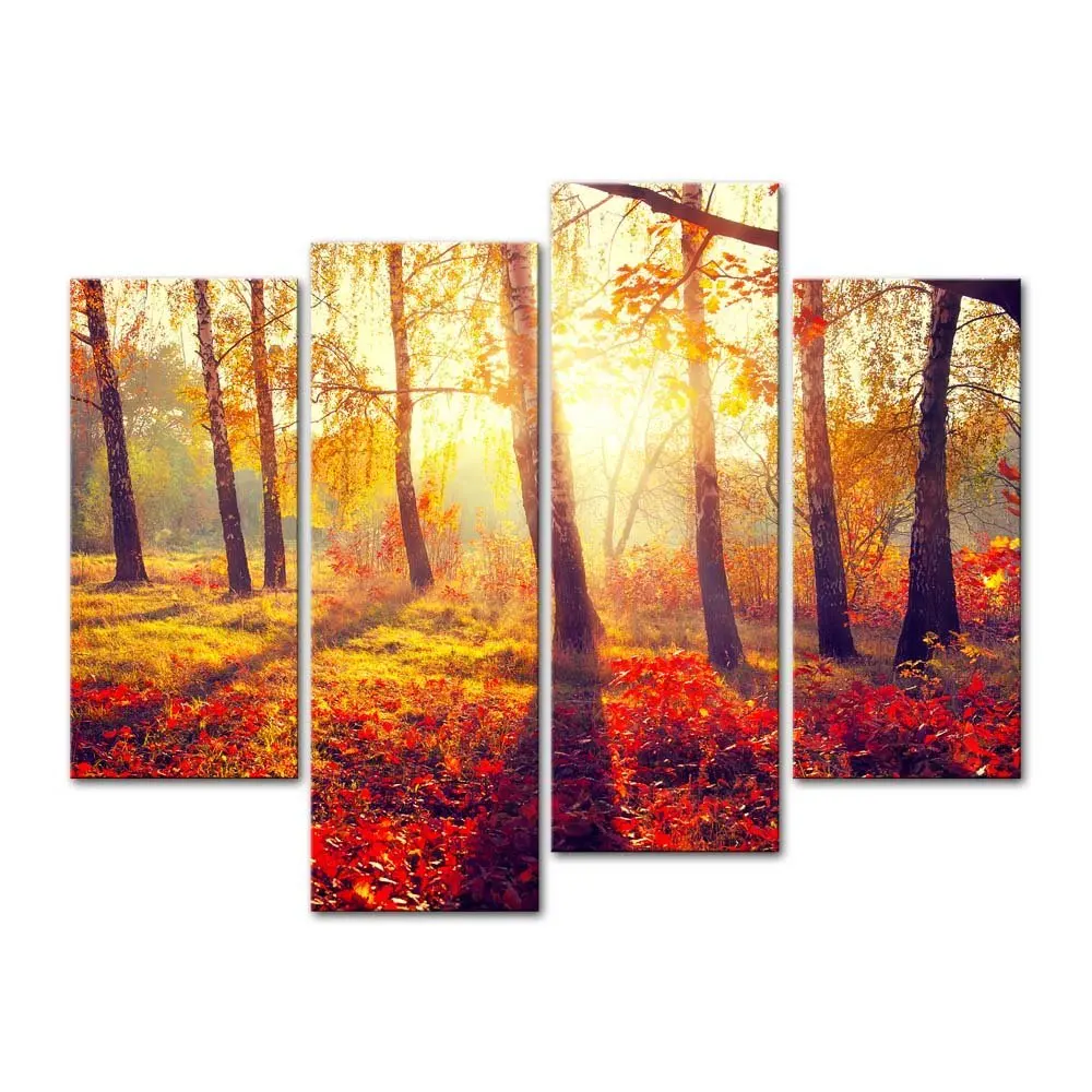 

4 Panels Canvas Print Painting Forest Sunset Sunlight Autumn Red Wall Art Home Decoration Living Room