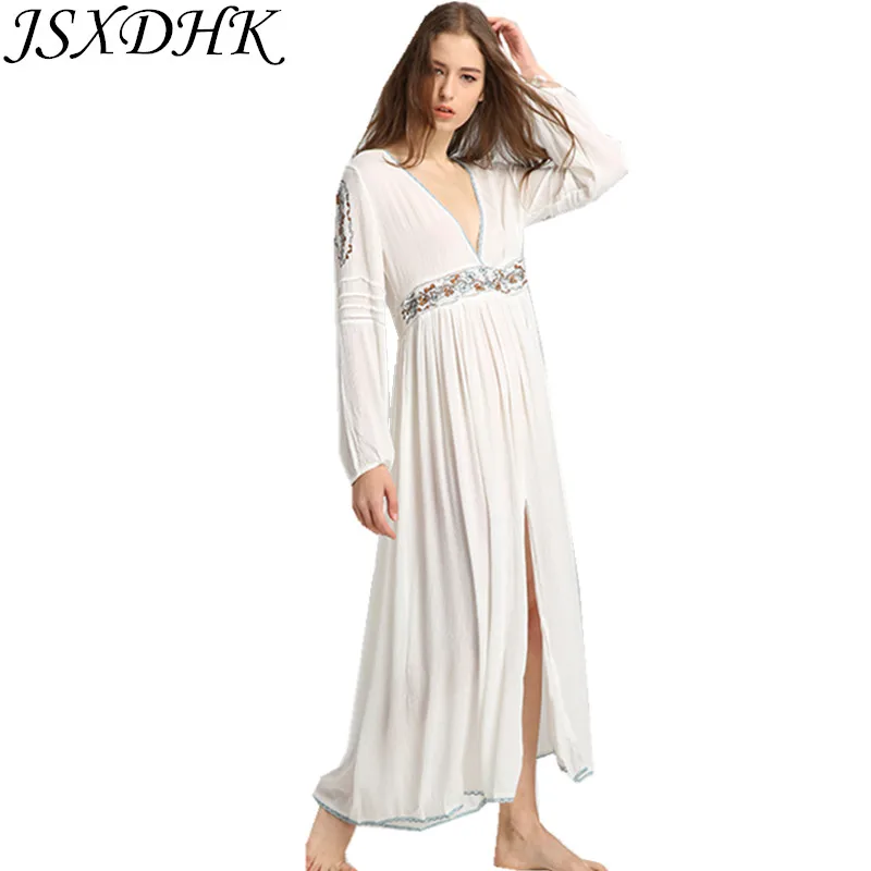 

JSXDHK богемное сексуальное длинное летнее платье с глубоким V-образным вырезом 2021 винтажное женское Хлопковое платье с цветочной вышивкой и д...