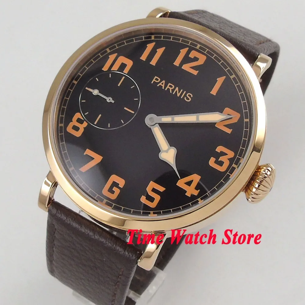 

46mm parnis black dial gold case luminous leather strap deployant clasp 6497 hand winding movement mens watch 405