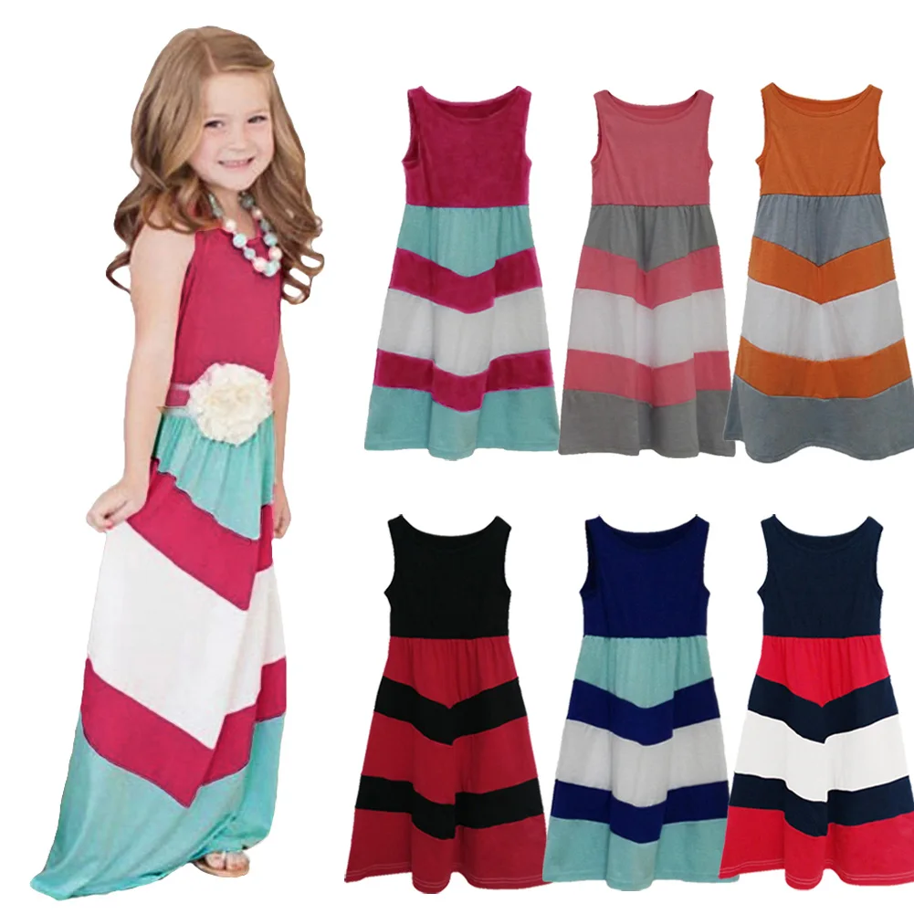 2017 Летнее Детское платье для девочки полосатые длинные макси платья больших
