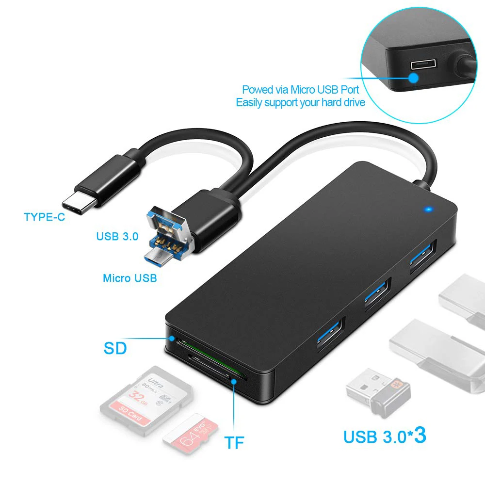 Leadzoe кардридер Тип C 3,0 SD/Micro SD TF смарт-карта памяти адаптер для ноутбука USB 3,0 концентратор 3 порта разветвитель OTG кардридер