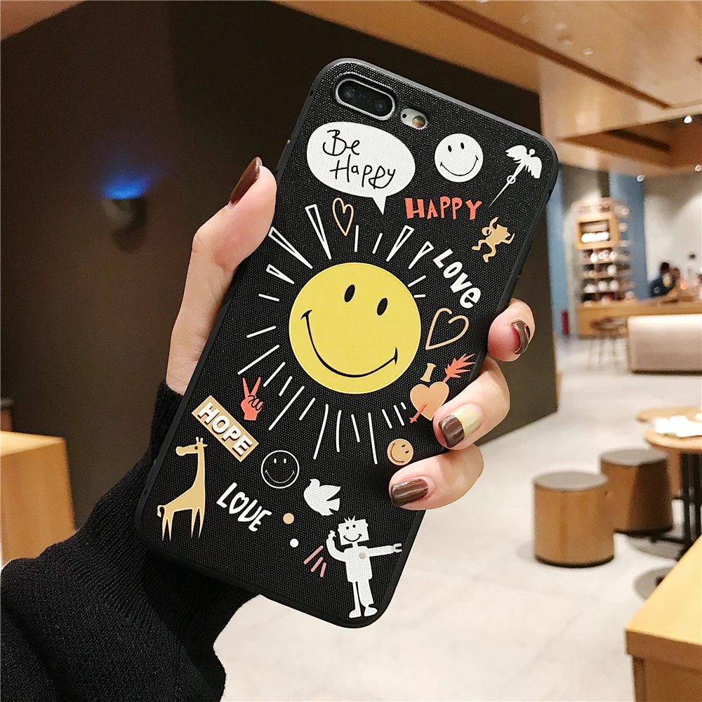 For iPhone 7 Case Cartoon Smile Couple Phone 8 Plus 6 6S X XS MAX XR Smiley face Soft TPU Silicon Cover |
