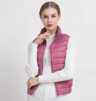 Pink purple Новинка, женские жилеты, зимний ультра-светильник, жилет на белом утином пуху, Женский Тонкий жилет без рукавов, женский ветрозащитный теплый жилет - Цвет: Pink purple