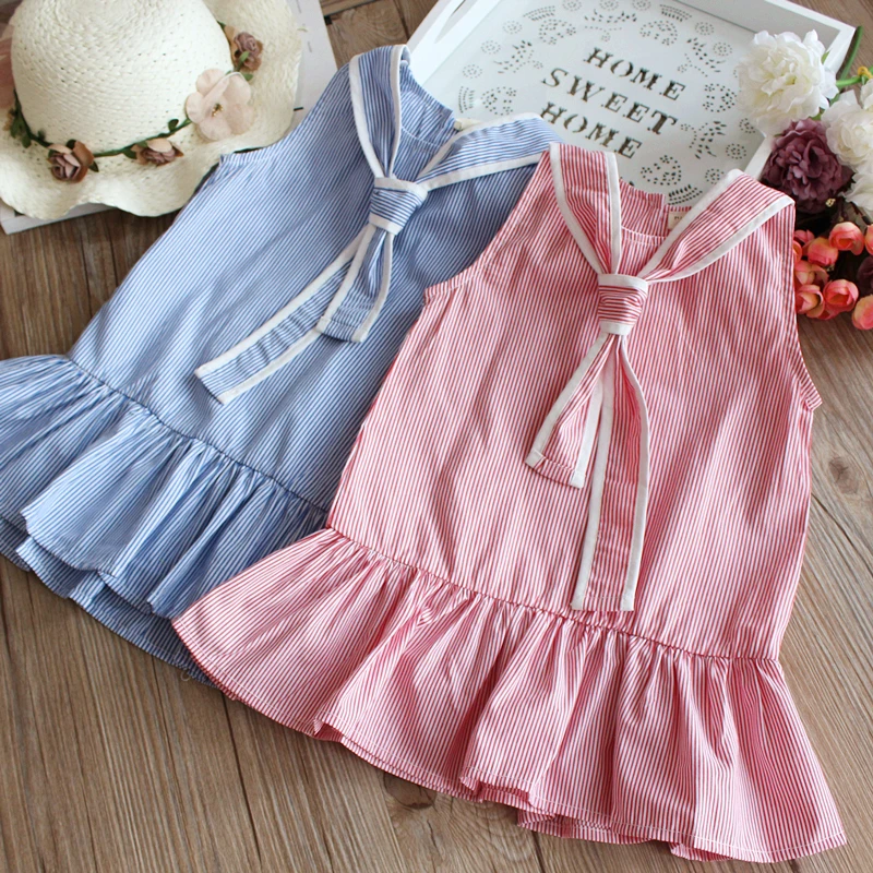 2019 платье в консервативном стиле для маленьких девочек жилет темно-синюю полоску