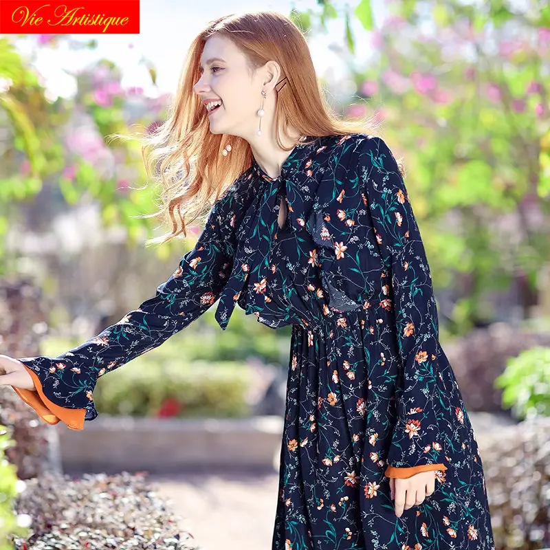 2018 summer dress women's party casual work dresses elastic waist navy blue printed flower large plus size maxi long beach | Женская