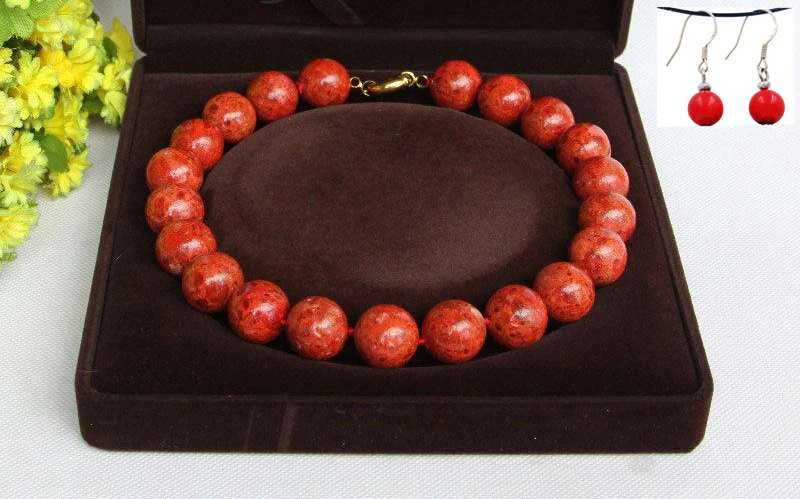 ААА 19 мм натуральный круглый красный губка коралловое ожерелье 18 дюймов серьги |