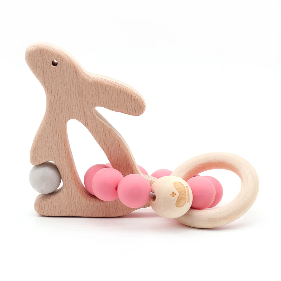 Деревянный прорезыватель, детский браслет в форме животного, ювелирное изделие, Прорезыватель для зубов из органического дерева, силиконовые бусины, детская погремушка, аксессуары для коляски, игрушка