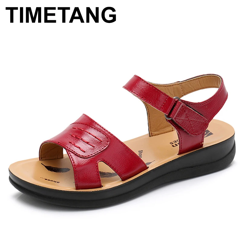 

TIMETANGWomen сандалии Новое мягкое дно MotherShoes женские летние кожаные босоножки на танкетке; Удобные босоножки; Женская обувь без застежек на плос...