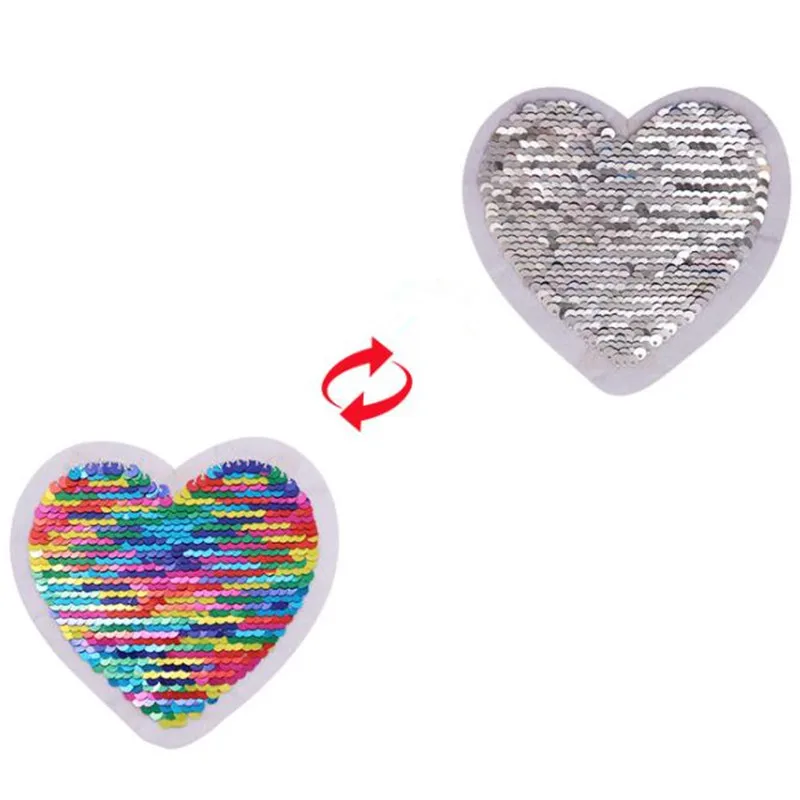 

ShinEquin Fashion Heart flip the double sided Patches for clothing Diy Reversible change color sequins Patch T-shirt Stickers
